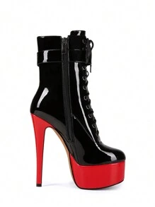 Red High Platform Criss-Cross Lace-Up Side Zip Short Boots