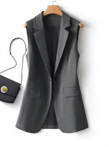 Striped Print Button Front Vest, Casual Lapel Collar Sleeveless Vest For Spring & Summer, Women's Clothing - Dark Grey - View 1