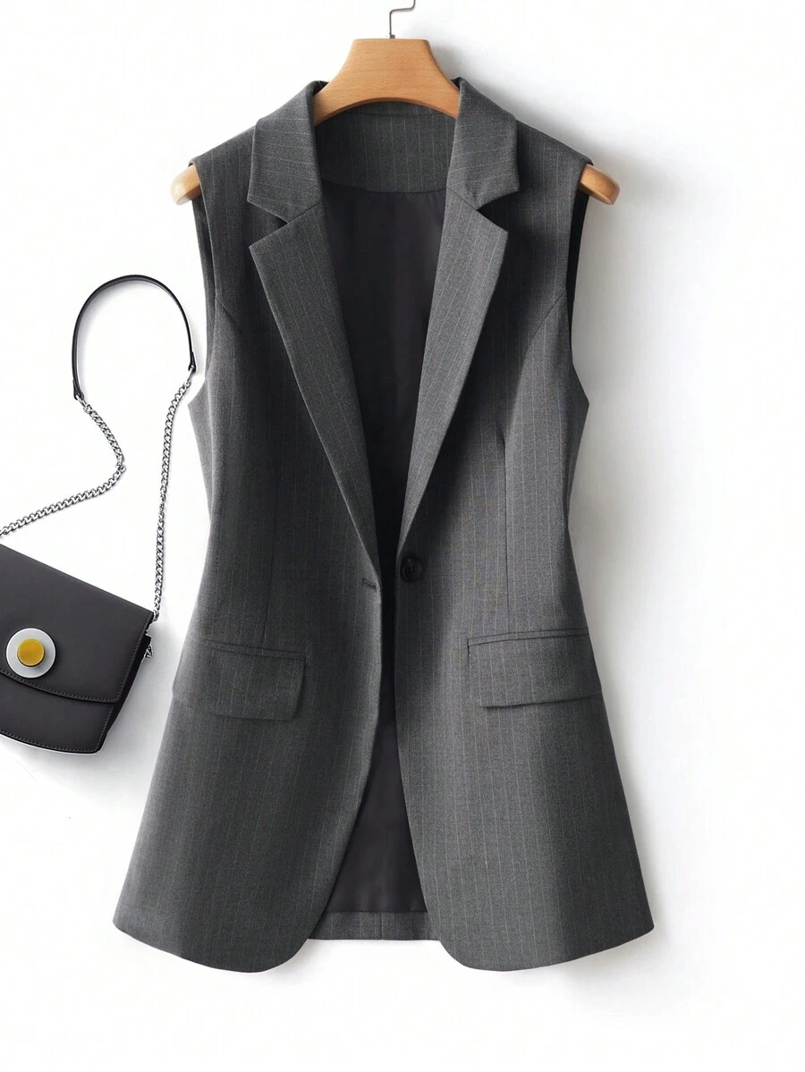 Striped Print Button Front Vest, Casual Lapel Collar Sleeveless Vest For Spring & Summer, Women's Clothing - Dark Grey - View 1