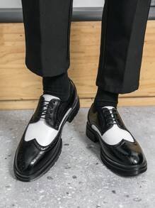 Men's Black & White Patent Leather Brogue Shoes, Lace-Up Thick Sole Elevated Business/Formal Office Dress Shoes, Suitable For Weddings, Parties, Saturday Night Balls, Groom's Wedding Shoes - Black and White - View 7