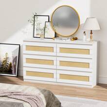 Rattan Dresser For Bedroom, 6 Drawer Dresser For Bedroom, Modern Chest Of Drawers With Anti-Tip Kit & Smooth Slide Rail, Wood Storage Dresser For Bedroom, Hallway, Living Room, White/Natural/Black - 白色 - 查看 6