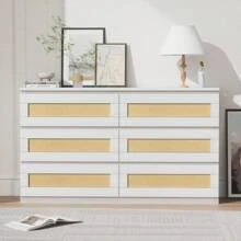 Rattan Dresser For Bedroom, 6 Drawer Dresser For Bedroom, Modern Chest Of Drawers With Anti-Tip Kit & Smooth Slide Rail, Wood Storage Dresser For Bedroom, Hallway, Living Room, White/Natural/Black - 白色 - 查看 7