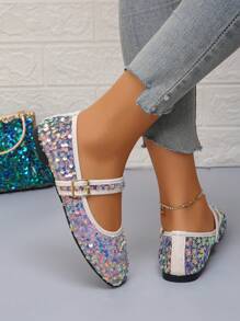 Women's Colorful Sequin Ballet Flats, New Autumn Casual Slip-On Soft Sole Flat Shoes, Random Pattern Design, Gray Color