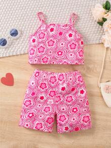 Young Girls Floral Cami Top And Biker Shorts Set, Sports/Casual Style, Summer Wear
