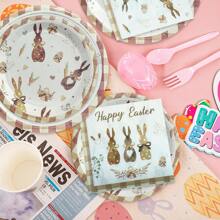 24 件/72 件复活节派对餐具套装 - 棕色格子、蝴蝶结、心形、兔子图案纸盘和餐巾、一次性餐具、复活节主题派对装饰、餐桌装饰