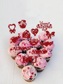 12pcs Burgundy Glitter Paper Cupcake Toppers, Happy Valentine's Day Cake Decorations For Valentine's Day Party - Dark Red - View 2