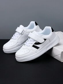 1 双新款童鞋，儿童白鞋，男童白色舒适鞋，女童小白运动鞋，学生鞋，男童黑色钩环 PU 皮鞋，学校派对休闲白鞋 - 白色 - 查看 2