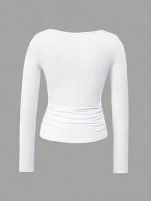 Large Y2K Long Sleeved Square Neck Slim Fit T-Shirt - White - View 2