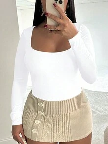 Large Y2K Long Sleeved Square Neck Slim Fit T-Shirt - White - View 7