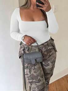 Large Y2K Long Sleeved Square Neck Slim Fit T-Shirt - White - View 5