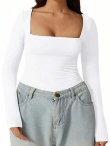 Large Y2K Long Sleeved Square Neck Slim Fit T-Shirt - White - View 8