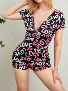 Women's Sexy Romper Shorts, Funny Print Long Sleeve Button Down Deep V Neck Bodysuit - Amor negro - Ver 3