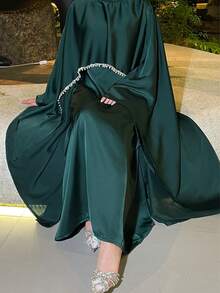 Satin Cape Elegant Dress , Occasion Abaya , Modest Dress With Pearl And Crystal - Green - View 4
