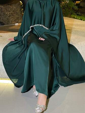 Satin Cape Elegant Dress , Occasion Abaya , Modest Dress With Pearl And Crystal