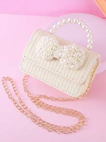 1 pieza Bolso de mano/bandolera de niña con gran lazo de perla, decoración, material de paja PU, cierre con solapa, cadena metálica y asa con cuentas, adecuado para uso diario y vacaciones, bolso de mano/monedero de princesa para snacks
