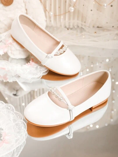 Kids Flat Comfortable Oblique Strap Pearl Decor Solid Color Princess Shoes