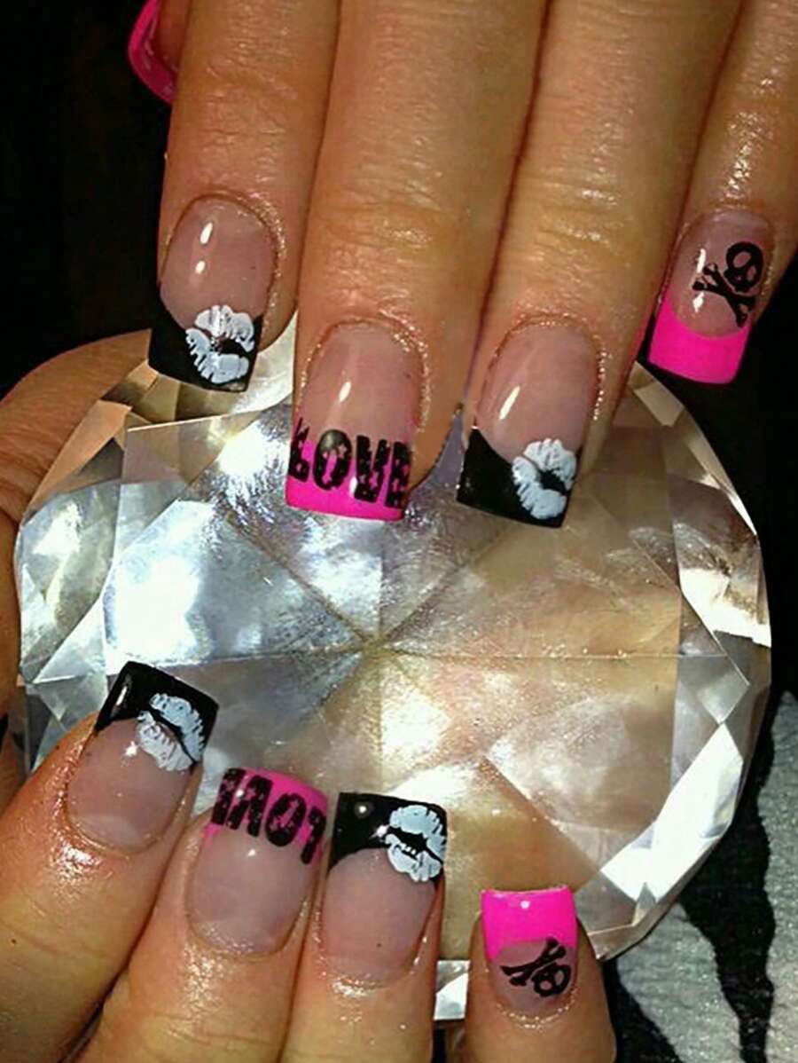 24pcs Mini Square Nail Stickers, Creative Valentine's Day Romantic Love Lip Design French Fake Nails, Removable Full Cover Nail Stickers, Valentine's Day Gift. Press-On Nail Stickers, Nail Art Supplies. - Multicolor - View 1