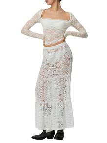 Women's Summer Casual Transparent Lace Skirt Elastic A-Line Skirt Suitable For Beach Vacation Street Wea