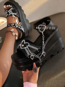 Y2K Style Punk Gothic Women's Platform Chain Sandals Black Chunky Heel Sandals With Heart & Charm Detailing Summer Open Toe Casual Sandals For Daily & Beach Vacation Shoes - 黑色 - 查看 8