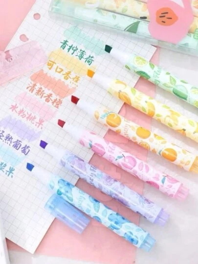 Kit c/6 Marca Texto Cheirinho de Fruta Papelaria Kawaii Fofa Ponta Carimbo Fofo