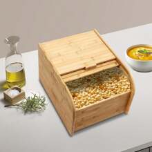 CNCEST Bamboo Rice Storage Container 33.07 Lbs Wood Rice Storage Box With Measuring Cup Cereal Storage Containers Rice Storage Container With Sliding Lid For Grain Cereal Soybean Corn