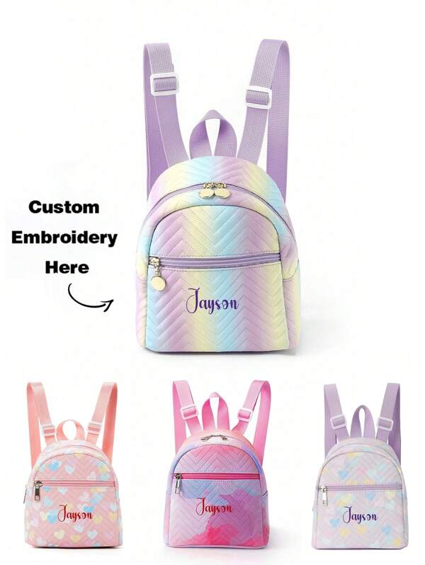1pc Embroidery Custom Mini Cute Rainbow Heart Print Children'S Backpack Can Be Embroidered With Your Own Name Suitable For Boys, Girls, Kindergarten, Elementary School Students, Outdoor Travel, Give Your Child An Exclusive Holiday Gift,Multi-Functional,Ornamental,Letter,Stylish,Tidy,Soft,Modern,Colorful,Cute,Adorable,Casual,Custom,Personalised,Unique,Customized,Baby Gifts,Ideal Gifts For Him,Ideal Gifts For Her,Son,Daughter