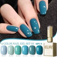 XEIJAYI XEIJAYI 6Pcs 15ML Jelly Ice Transparent Nude Green Blue Green And Colorful And Pure Gel Nail Polish Set Peelable UV LED Gel Polish, Glossy Finish, For Nail Salon And DIY For Beginners