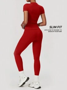 Yefecy Bộ đồ thể thao 2/4 Counts dành cho nữ, áo phông cổ tròn trơn và quần legging cạp cao, áo phông thể thao thoải mái và quần bó để tập luyện yoga tại phòng tập, đồ thể thao mùa hè cho nữ khi trở lại trường, đồ thể thao cho nữ, trang phục cho cô gái trung tâm thành phố phong cách mùa xuân và mùa hè - Đỏ - Xem 5