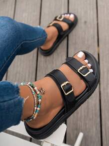Women Simple Slippers, Beach Vacation Casual Open Toe Thick Sole Shoes, Comfortable Slide Flat Fashion Sandals