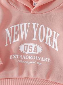 2pcs Baby Girls Fashion Casual Matching Hoodie Sweatshirt And Printed Letter Pants Set, Spring Summer - Pink - View 3
