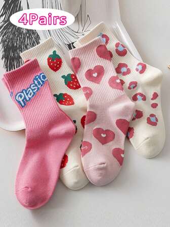 Paquete de 4 pares de calcetines medianos de estilo Y2K, con diseño de fresa y letra, de color rosa, transpirables y absorbentes de humedad, adecuados para uso diario de mujeres en primavera. Entrega aleatoria.
