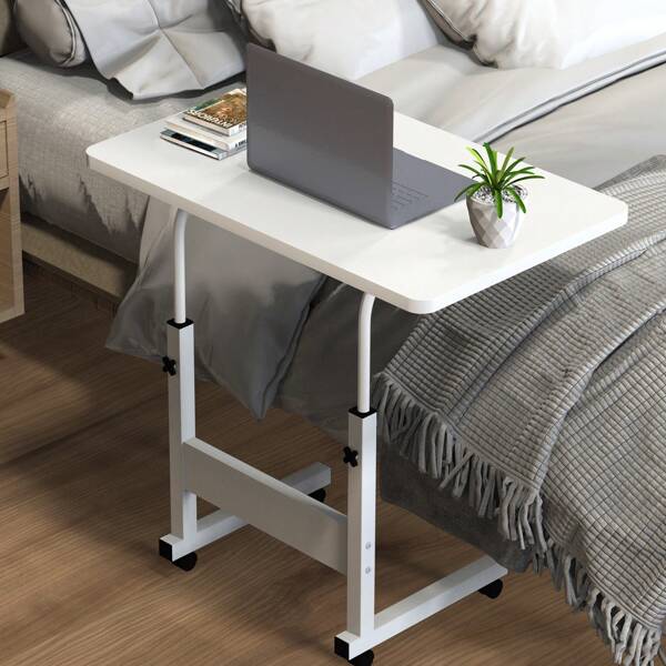 Table Roulant de Lit Canapé pour Ordinateur Portable Hauteur Réglable Table d'appoint Support d'ordinateur Table avec 4 Roulettes Verrouillables, Érable Blanc/Noir