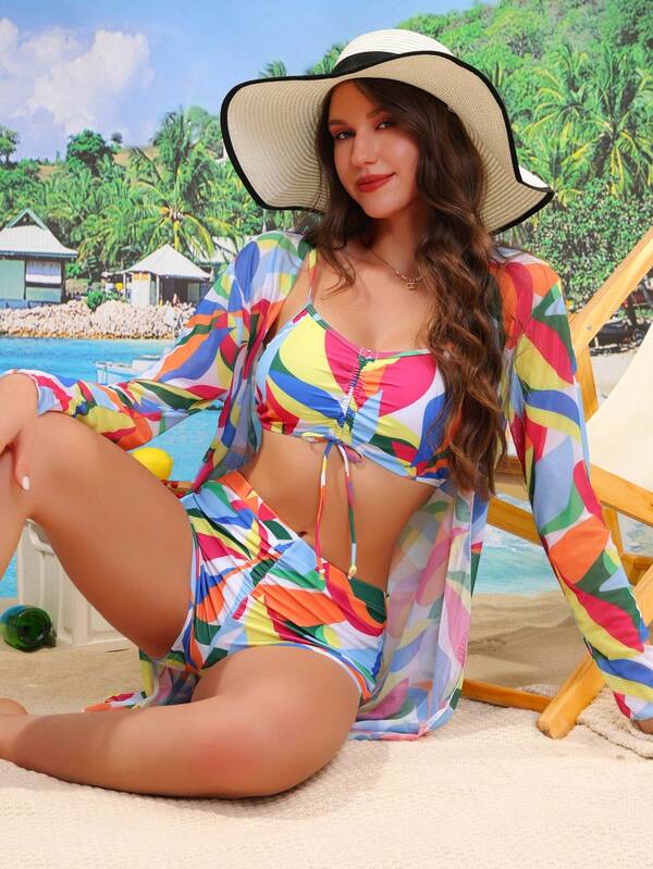 Set da 3 pezzi di costumi da bagno leggeri e semi-trasparenti con stampa colorata, stile europeo e americano del 2024, outfit da spiaggia per donna, protezione UV estiva