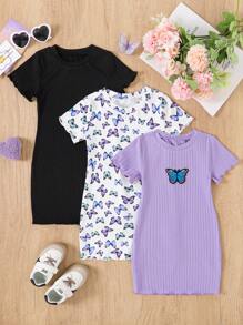 3pcs Young Girl Butterfly Print Solid Color Bodycon Cute Short Sleeve Dress Set