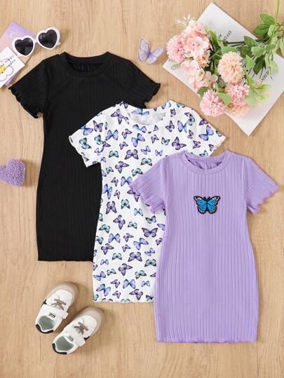 3pcs Young Girl Butterfly Print Solid Color Bodycon Cute Short Sleeve Dress Set