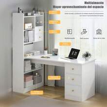 Escritorio con 5 Cajones y 7 Niveles de Repisas, Mesa de Ordenador Industrial Ideal, Mesa Home Office con Cajones, Escritorio en L Esquinero Apto para Oficinas y Dormitorios - Blanco - Ver 3