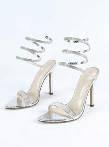 Women's Fashion New European And American Style Rhinestone Strap Comfortable Pointed Toe High Heel Roman Sandals For Party And Events - Silver - View 6