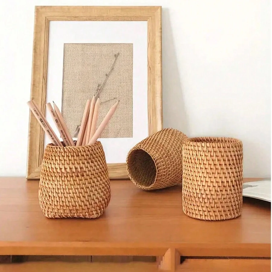 1 pezzo Portamatite stile vietnamita intrecciato a mano, scatola portapenne in rattan, organizer per cartoleria/trucchi, decorazione per casa/ufficio/cucina, durevole e leggero, adatto per soggiorno, cucina