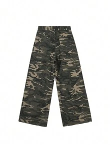 复古美式工装迷彩牛仔裤，女款，阔腿及踝长裤，随机布料 - 迷彩色 - 查看 4