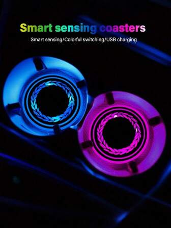 1pc/2pcs Car LED Luminous Coaster, 7-Color Changing Cup Pad, USB Rechargeable Non-Slip Mat For Vehicle