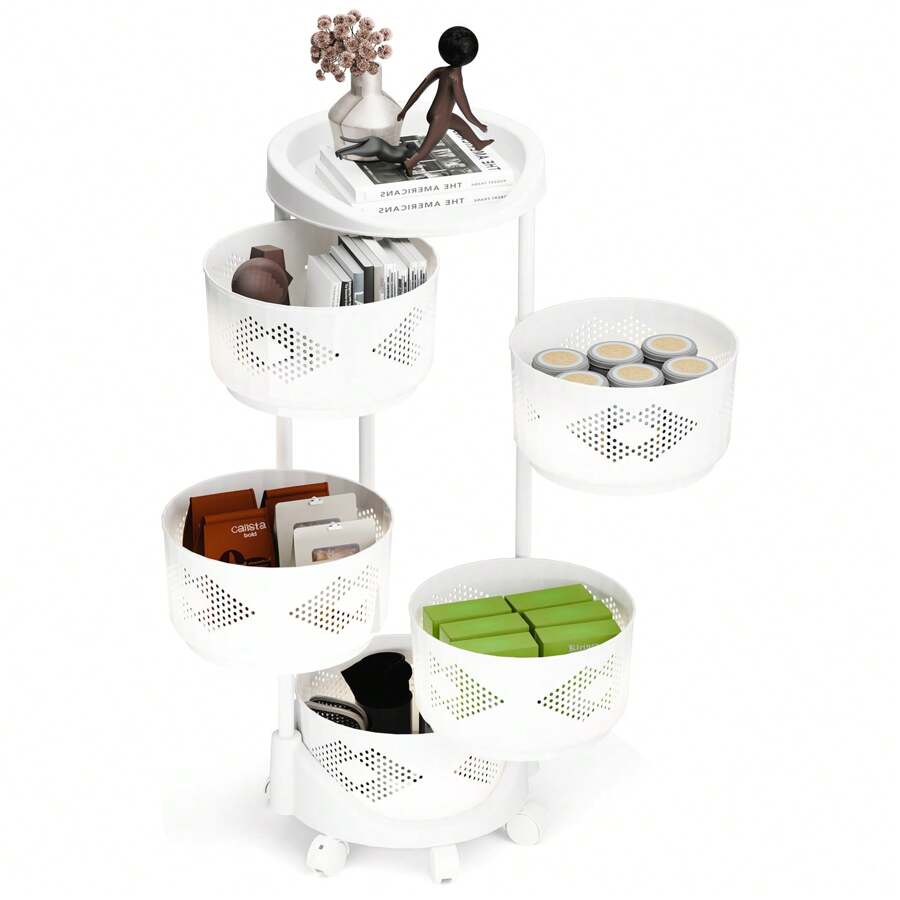 Kitchen Storage Cart, 5 Tier Circular Rotating Basket, Large Storage Rack With 360 Degree Wheels, Fruit And Vegetable Rack, Rotating Basket For Kitchen And Bathroom
