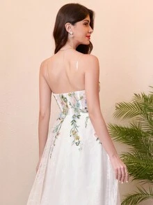 3D花朵蕾丝婚纱刺绣短款米色新娘礼服毕业礼服小巧新娘礼服拍摄女装返校节礼服 - 米色 - 查看 2