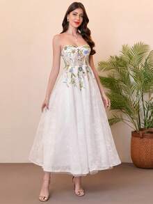 3D花朵蕾丝婚纱刺绣短款米色新娘礼服毕业礼服小巧新娘礼服拍摄女装返校节礼服 - 米色 - 查看 5