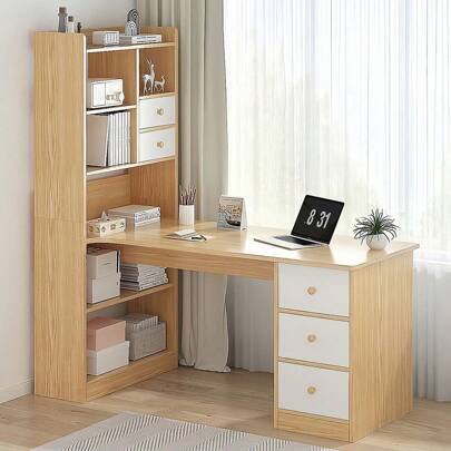 Escritorio con 5 Cajones y 7 Niveles de Repisas, Mesa de Ordenador Industrial Ideal, Mesa Home Office con Cajones, Escritorio en L Esquinero Apto para Oficinas y Dormitorios