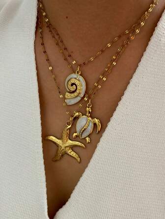 1pc Women's 18K Gold Plated Stainless Steel Necklace With Sea Turtle, Starfish, And Shell Pendants, Fashionable And Versatile, Luxury Gift