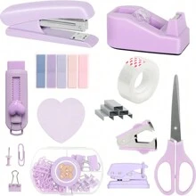 1 pieza Juego de papelería de escritorio tipo macarrón que incluye grapadora, dispensador de cinta, tijeras, perforadora, artículos escolares, útiles escolares - Multicolor - Ver 1