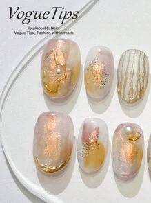 10 sztuk Lavender Jiu Beauty Nails XS/S/M/L Krótkie okrągłe do noszenia paznokcie, Eleganckie fantazyjne żółte kolory pochlebne, Ręcznie robione Premium krótkie paznokcie z gradientowymi kryształkami, Matowe krótkie, luźne, dociskane, do noszenia paznokcie, dociskane akrylowe paznokcie