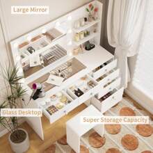 VOWNER Makeup Vanity Desk With Outlets, Large Mirror With Light Bulbs Color & Brightness Adjustable, 6 Drawers For Storage, Come With Stool, For Girls Women - Mặt bàn kính trắng - Xem 2
