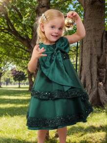 年轻女孩亮片大蝴蝶结无袖公主薄纱露背派对晚礼服