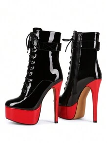 Red High Platform Criss-Cross Lace-Up Side Zip Short Boots